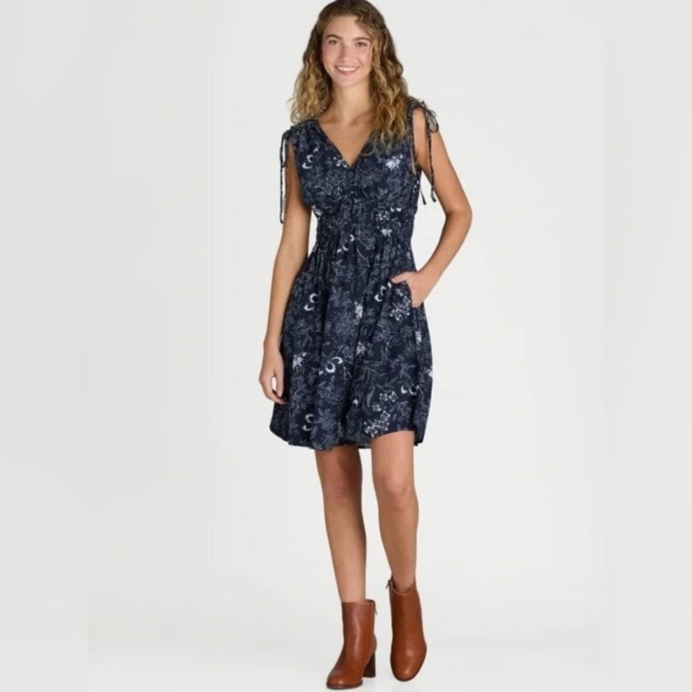 SOLD-NWOT Time and Tru Women’s Tie Shoulder Mini Dress, Botanic Dark Navy-Large - Picture 5 of 12